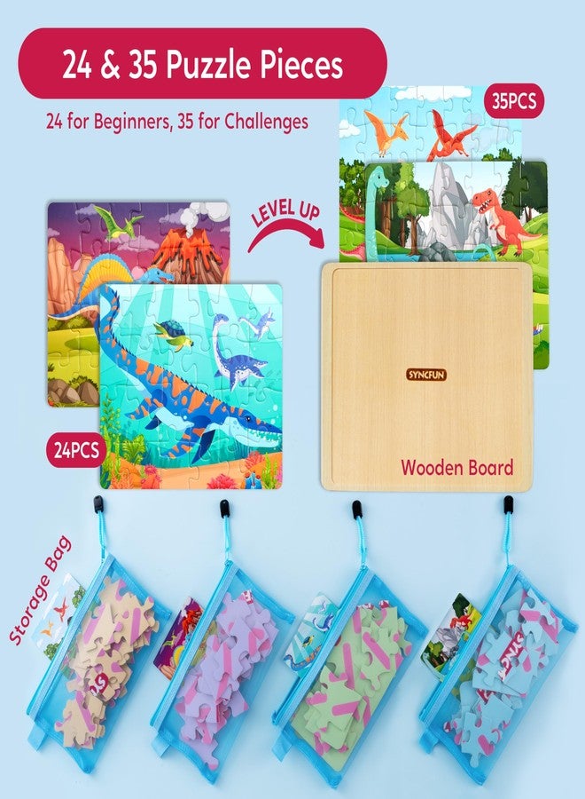 أحجيات ديناصورات خشبية SYNCFUN 4 في 1 للأطفال من عمر 3 إلى 5 سنوات، أحجيات تركيب الصور (24 و35 قطعة) للأطفال الصغار مع حقائب تخزين، ألعاب ديناصورات تضيء في الظلام، هدايا عيد الميلاد للأولاد والبنات - Image 2